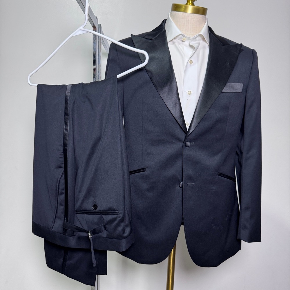Indochino Tuxedo Suit Mens 38R‎ 34x30 Black Solid Peak Lapel Wool Formal A22